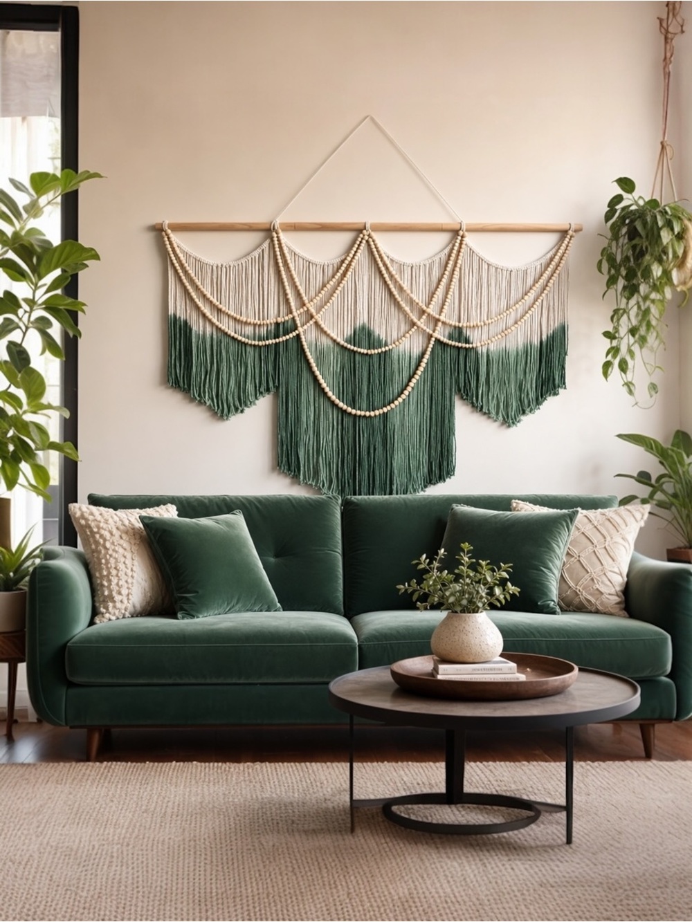 NEW Anthropologie XL Green Dyed Boho Beaded Tapestry Macrame Wall Hanging 60x43
